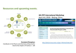 Resources and upcoming events.
Persistent Phosphors
Handbook on the Physics and Chemistry of Rare Earths
Volume 48, Chapter 274 (2015) 1 - 108
4th PPP International Workshop
April 4-8, 2018 – Beijing, China.
http://physics.buaa.edu.cn/ppp_4/home/index.htm
 