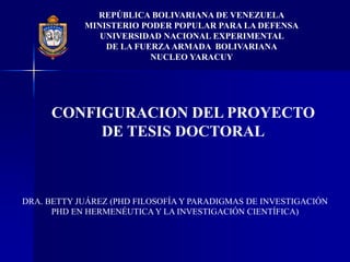 REPÚBLICA BOLIVARIANA DE VENEZUELA
MINISTERIO PODER POPULAR PARA LA DEFENSA
UNIVERSIDAD NACIONAL EXPERIMENTAL
DE LA FUERZA ARMADA BOLIVARIANA
NUCLEO YARACUY
CONFIGURACION DEL PROYECTO
DE TESIS DOCTORAL
DRA. BETTY JUÁREZ (PHD FILOSOFÍA Y PARADIGMAS DE INVESTIGACIÓN
PHD EN HERMENÉUTICA Y LA INVESTIGACIÓN CIENTÍFICA)
 