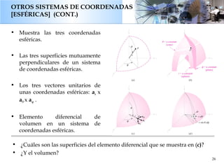 OTROS SISTEMAS DE COORDENADAS [ESFÉRICAS ]  (CONT.)  26 <ul><li>Muestra las tres  coordenadas esféricas. </li></ul><ul><li...