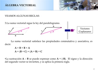 ÁLGEBRA VECTORIAL <ul><li>VEAMOS ALGUNAS REGLAS: </li></ul><ul><li>La suma vectorial sigue la ley del paralelogramo. </li>...