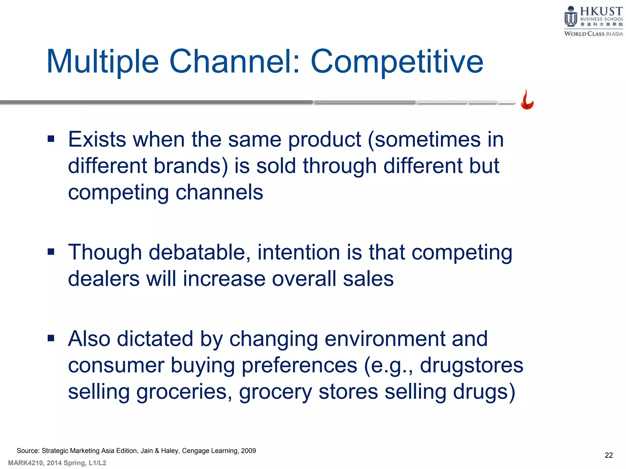 22
MARK4210, 2014 Spring, L1/L2
Multiple Channel: Competitive
 Exists when the same product (sometimes in
different brands) is sold through different but
competing channels
 Though debatable, intention is that competing
dealers will increase overall sales
 Also dictated by changing environment and
consumer buying preferences (e.g., drugstores
selling groceries, grocery stores selling drugs)
Source: Strategic Marketing Asia Edition, Jain & Haley, Cengage Learning, 2009
 