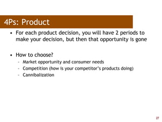 27
4Ps: Product
• For each product decision, you will have 2 periods to
make your decision, but then that opportunity is gone
• How to choose?
– Market opportunity and consumer needs
– Competition (how is your competitor’s products doing)
– Cannibalization
 