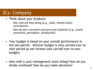 5
3Cs: Company
• Think about your products
– How well are they doing (e.g., sales, market share,
contribution)
– How do your consumers perceive your products (e.g., brand
awareness, perception, satisfaction)
• Your budget is based on your overall performance in
the last period – leftover budget is only carried over to
next period as net income (not carried over to new
budget)
• How well is your management team doing? How do you
divide workload? How do you make decisions?
 