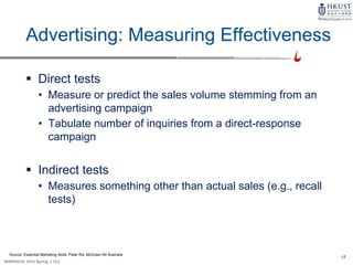 17
MARK4210, 2014 Spring, L1/L2
Advertising: Measuring Effectiveness
 Direct tests
• Measure or predict the sales volume stemming from an
advertising campaign
• Tabulate number of inquiries from a direct-response
campaign
 Indirect tests
• Measures something other than actual sales (e.g., recall
tests)
Source: Essential Marketing Skills, Peter Rix, McGraw Hill Australia
 