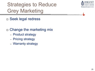 Strategies to Reduce
Grey Marketing
 Seek legal redress
 Change the marketing mix
– Product strategy
– Pricing strategy
– Warranty strategy
25
 