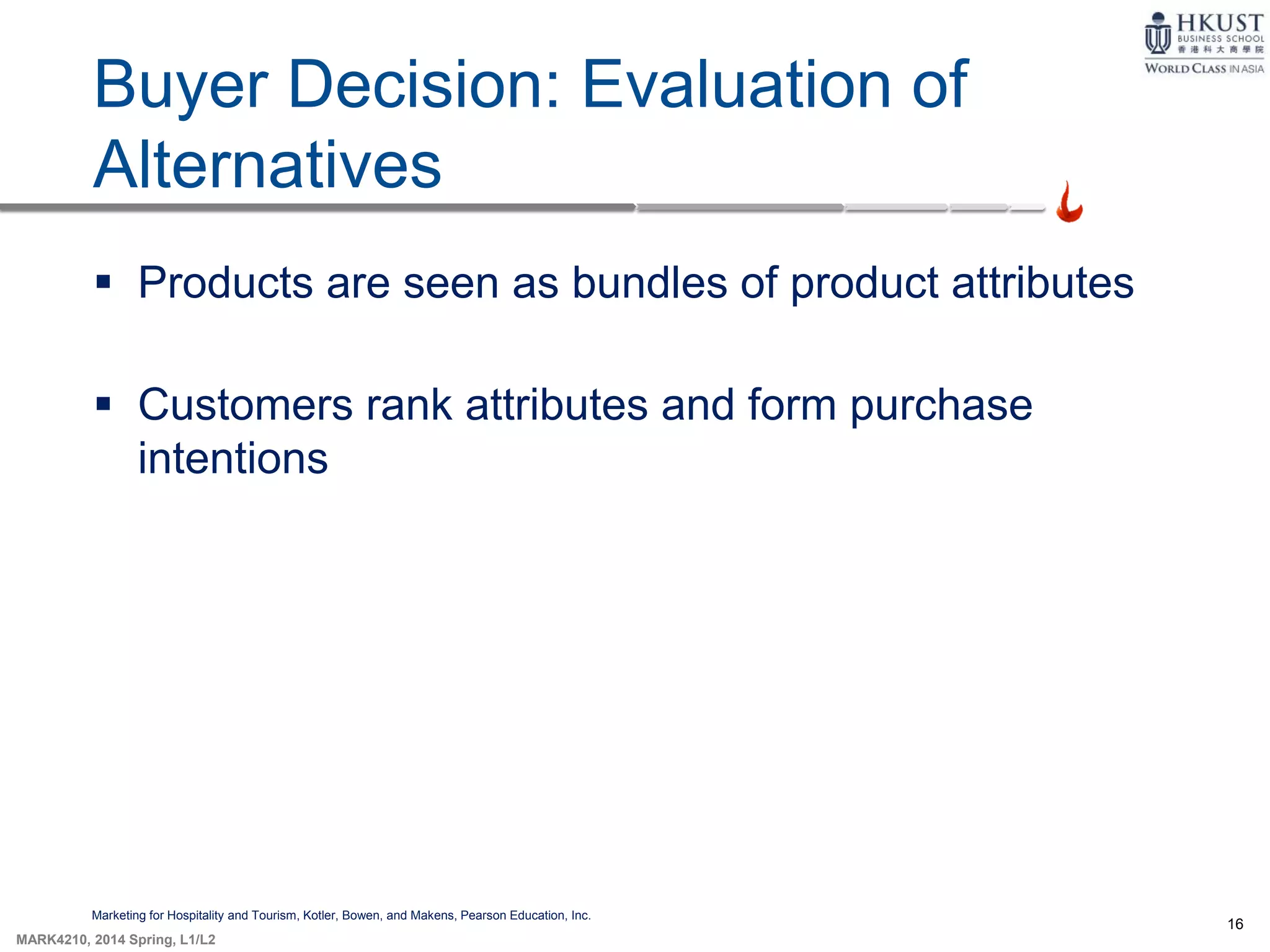16
MARK4210, 2014 Spring, L1/L2
Buyer Decision: Evaluation of
Alternatives
Marketing for Hospitality and Tourism, Kotler, Bowen, and Makens, Pearson Education, Inc.
 Products are seen as bundles of product attributes
 Customers rank attributes and form purchase
intentions
 