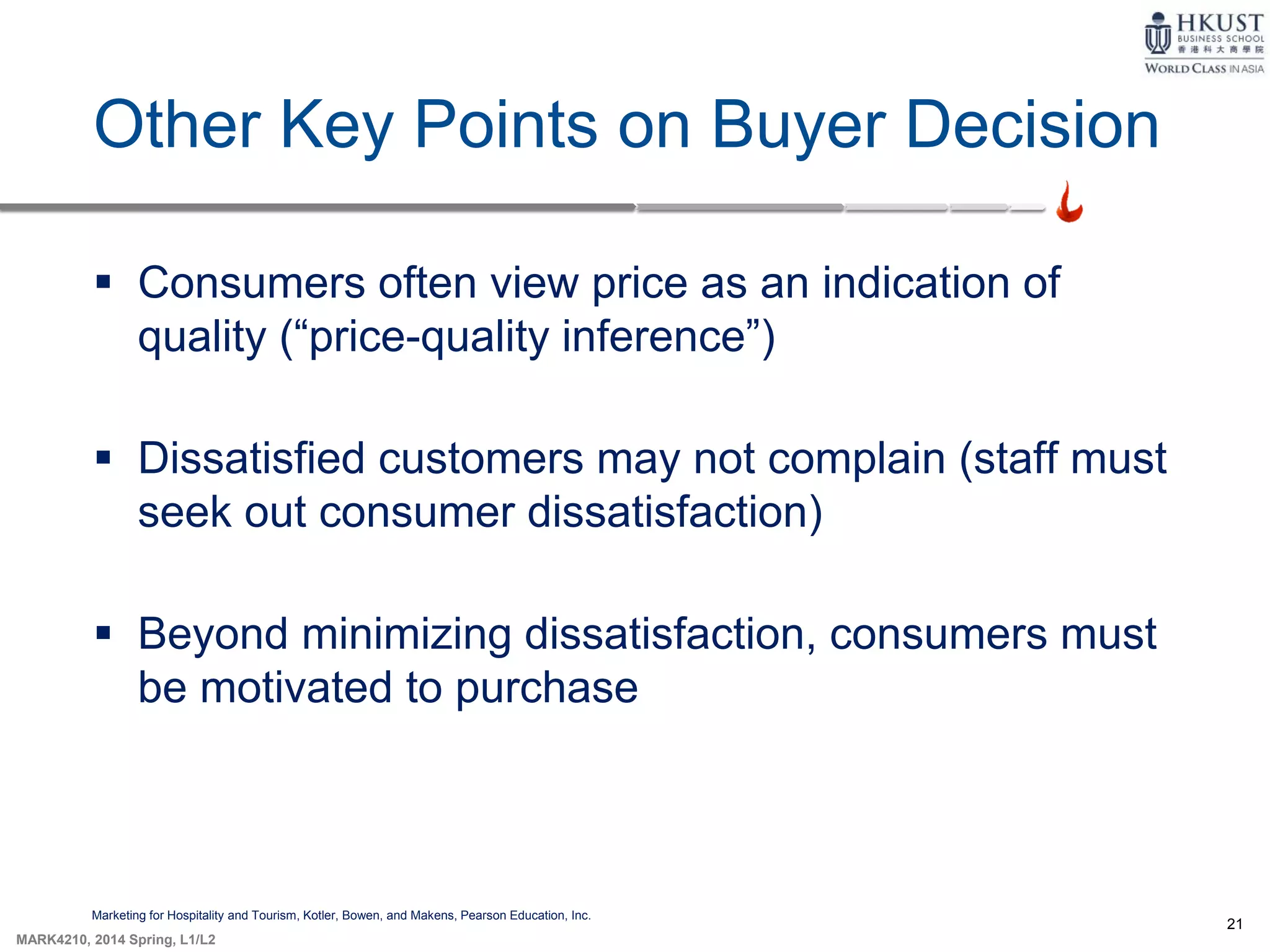 21
MARK4210, 2014 Spring, L1/L2
Other Key Points on Buyer Decision
Marketing for Hospitality and Tourism, Kotler, Bowen, and Makens, Pearson Education, Inc.
 Consumers often view price as an indication of
quality (“price-quality inference”)
 Dissatisfied customers may not complain (staff must
seek out consumer dissatisfaction)
 Beyond minimizing dissatisfaction, consumers must
be motivated to purchase
 