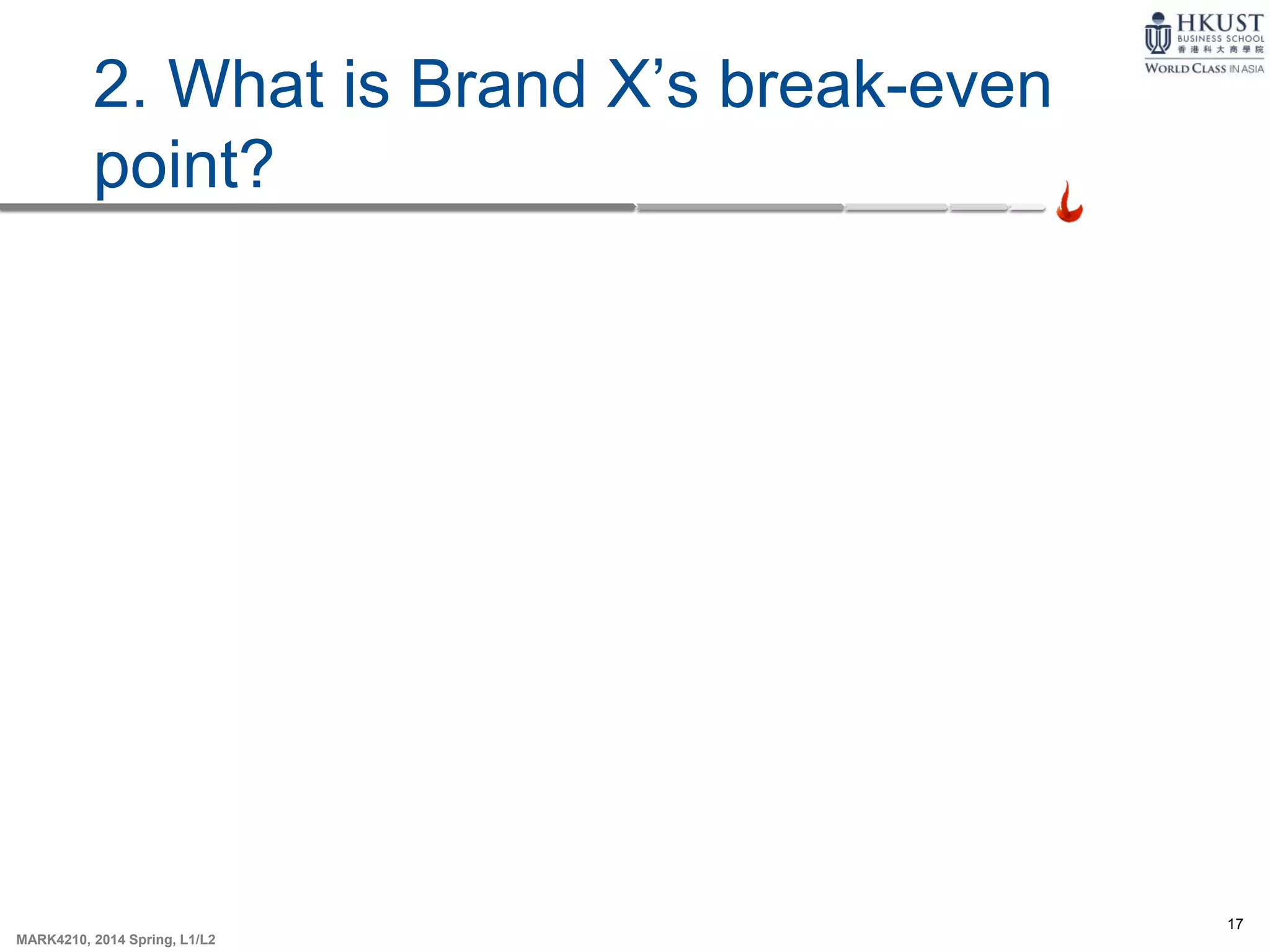 17
MARK4210, 2014 Spring, L1/L2
2. What is Brand X’s break-even
point?
 