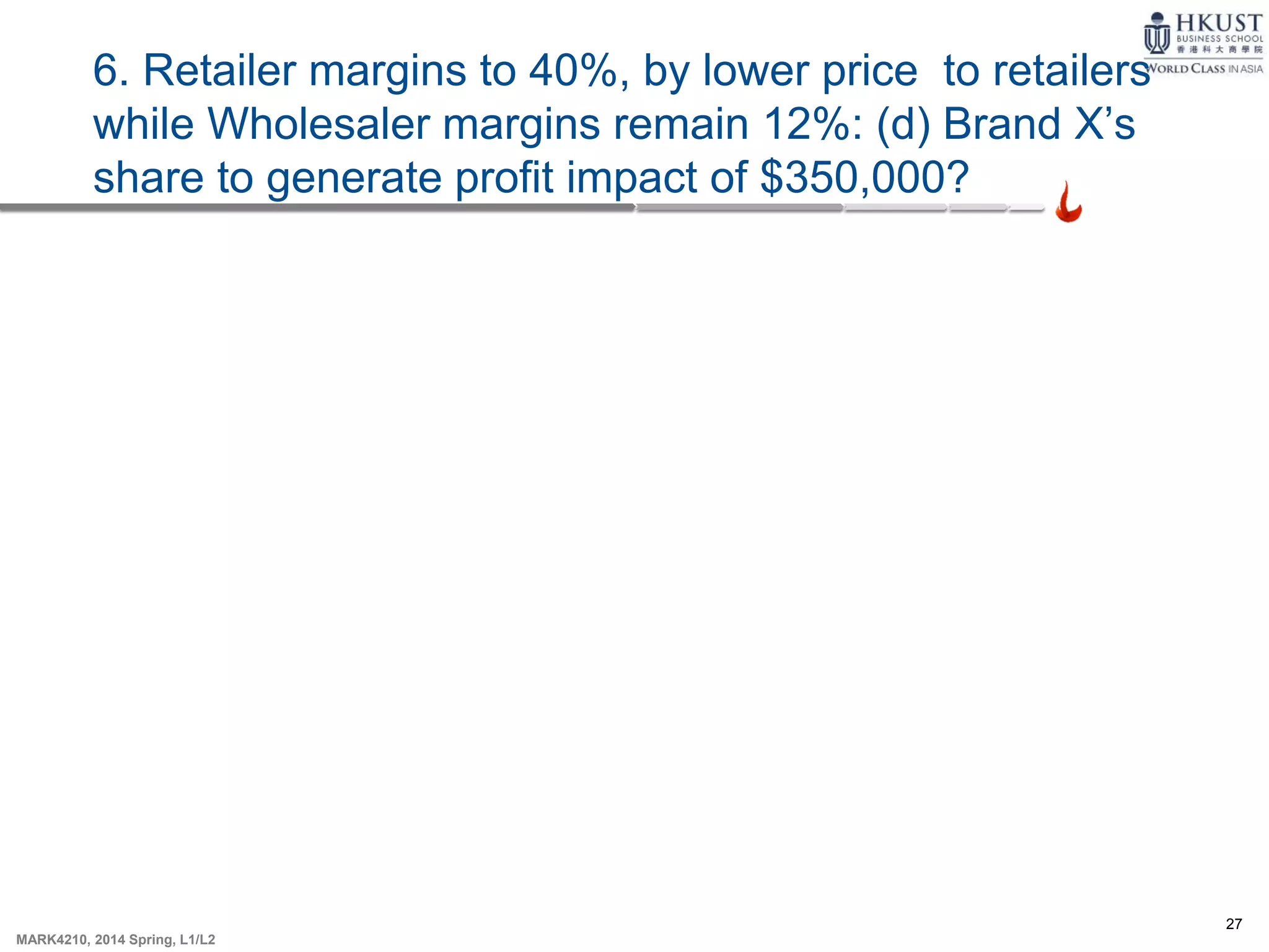 27
MARK4210, 2014 Spring, L1/L2
6. Retailer margins to 40%, by lower price to retailers
while Wholesaler margins remain 12%: (d) Brand X’s
share to generate profit impact of $350,000?
 