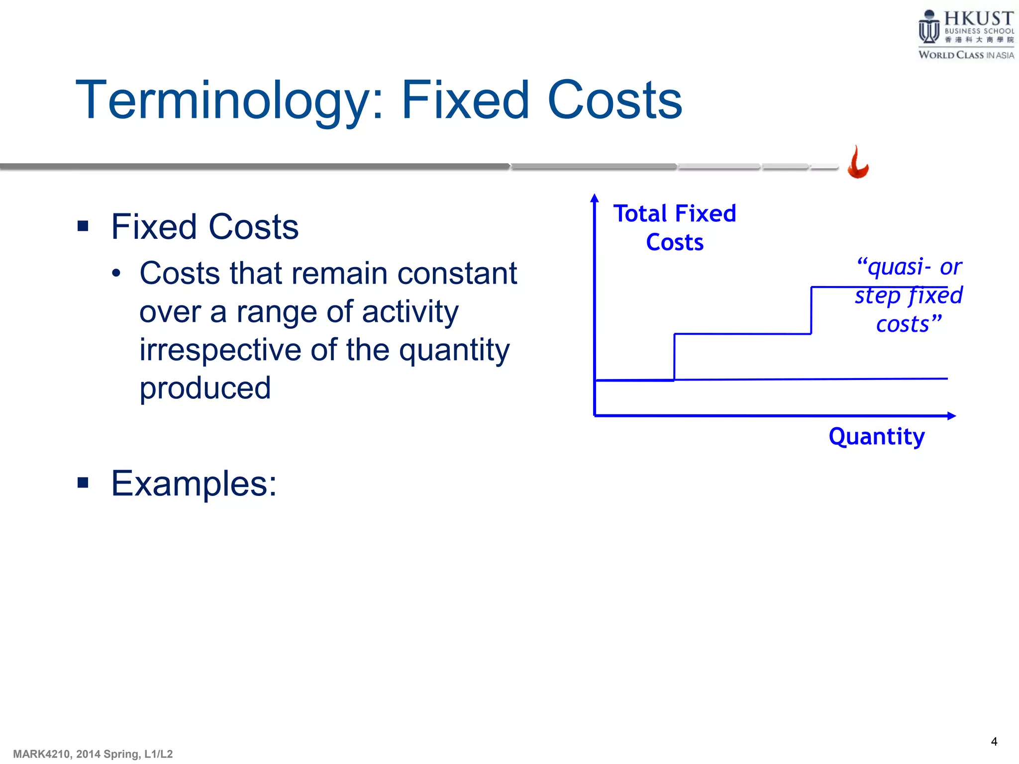 4
MARK4210, 2014 Spring, L1/L2
Terminology: Fixed Costs
 Fixed Costs
• Costs that remain constant
over a range of activity
irrespective of the quantity
produced
 Examples:
Total Fixed
Costs
Quantity
“quasi- or
step fixed
costs”
 