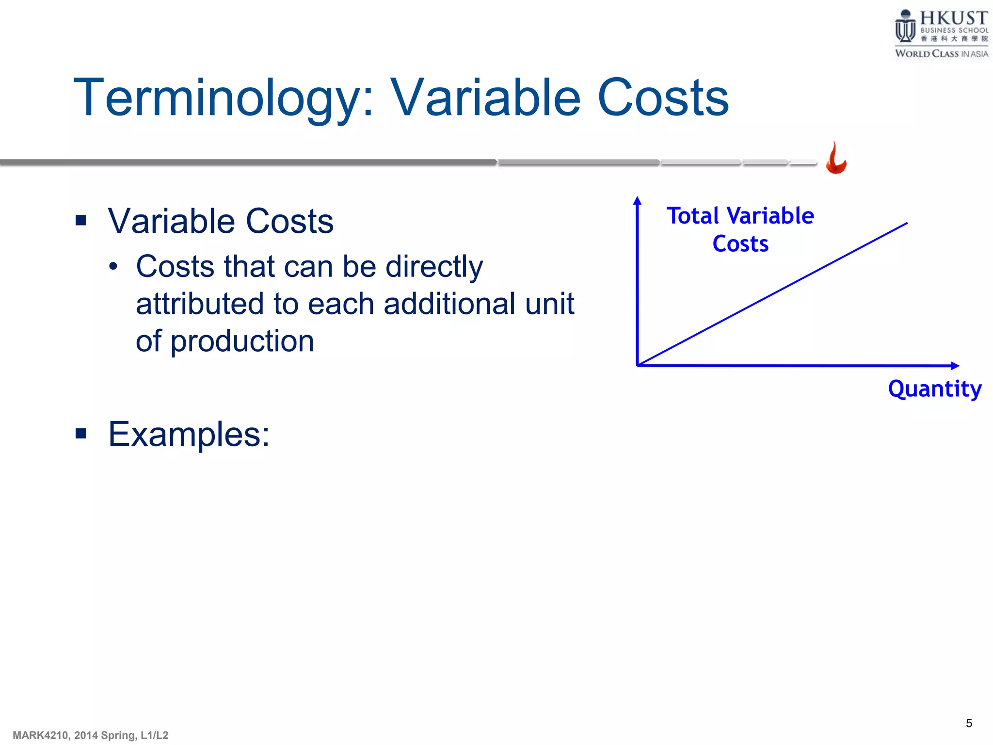 5
MARK4210, 2014 Spring, L1/L2
Terminology: Variable Costs
 Variable Costs
• Costs that can be directly
attributed to each additional unit
of production
 Examples:
Quantity
Total Variable
Costs
 