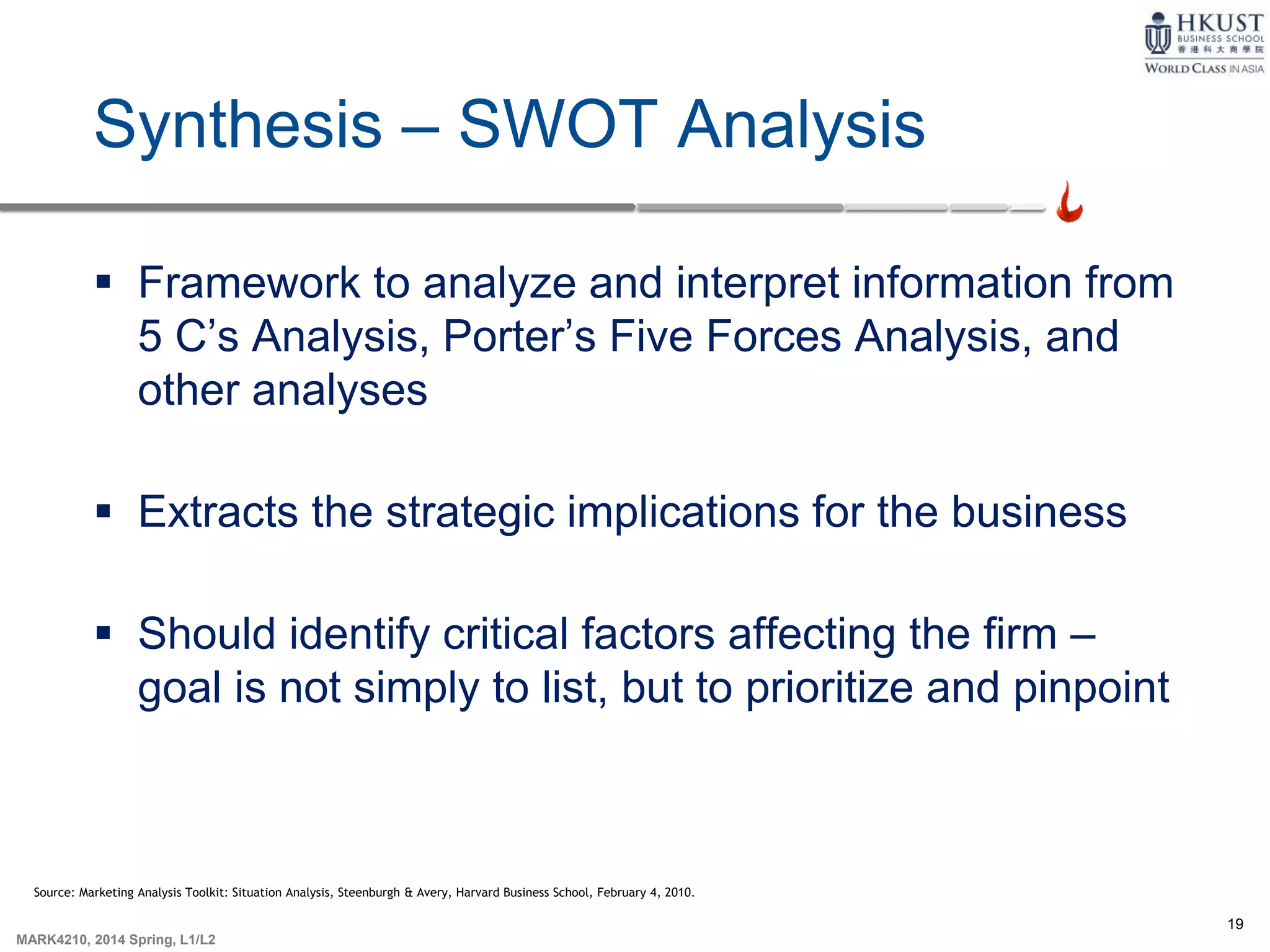 19
MARK4210, 2014 Spring, L1/L2
Synthesis – SWOT Analysis
 Framework to analyze and interpret information from
5 C’s Analysis, Porter’s Five Forces Analysis, and
other analyses
 Extracts the strategic implications for the business
 Should identify critical factors affecting the firm –
goal is not simply to list, but to prioritize and pinpoint
Source: Marketing Analysis Toolkit: Situation Analysis, Steenburgh & Avery, Harvard Business School, February 4, 2010.
 