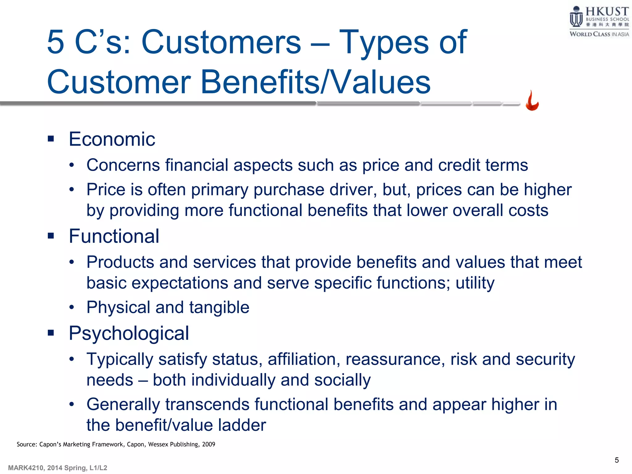 5
MARK4210, 2014 Spring, L1/L2
5 C’s: Customers – Types of
Customer Benefits/Values
 Economic
• Concerns financial aspects such as price and credit terms
• Price is often primary purchase driver, but, prices can be higher
by providing more functional benefits that lower overall costs
 Functional
• Products and services that provide benefits and values that meet
basic expectations and serve specific functions; utility
• Physical and tangible
 Psychological
• Typically satisfy status, affiliation, reassurance, risk and security
needs – both individually and socially
• Generally transcends functional benefits and appear higher in
the benefit/value ladder
Source: Capon’s Marketing Framework, Capon, Wessex Publishing, 2009
 
