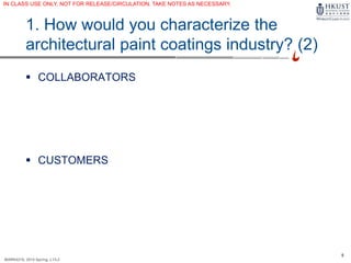 5
MARK4210, 2014 Spring, L1/L2
1. How would you characterize the
architectural paint coatings industry? (2)
 COLLABORATORS
 CUSTOMERS
IN CLASS USE ONLY, NOT FOR RELEASE/CIRCULATION. TAKE NOTES AS NECESSARY.
 