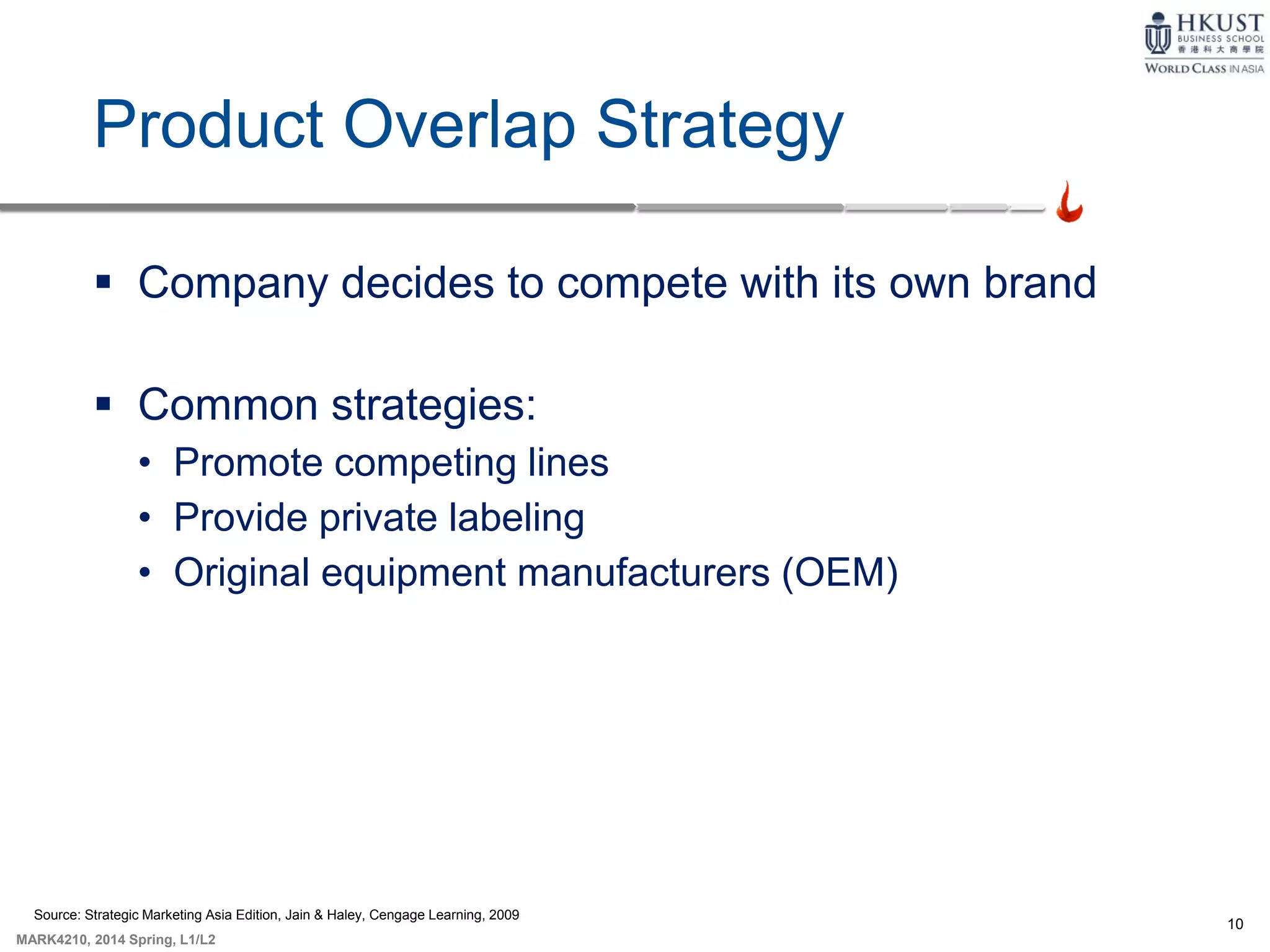 10
MARK4210, 2014 Spring, L1/L2
Product Overlap Strategy
 Company decides to compete with its own brand
 Common strategies:
• Promote competing lines
• Provide private labeling
• Original equipment manufacturers (OEM)
Source: Strategic Marketing Asia Edition, Jain & Haley, Cengage Learning, 2009
 