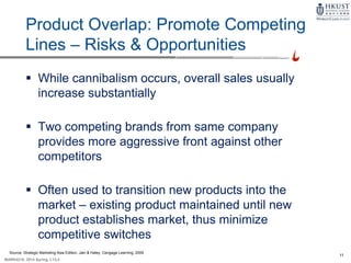11
MARK4210, 2014 Spring, L1/L2
Product Overlap: Promote Competing
Lines – Risks & Opportunities
 While cannibalism occurs, overall sales usually
increase substantially
 Two competing brands from same company
provides more aggressive front against other
competitors
 Often used to transition new products into the
market – existing product maintained until new
product establishes market, thus minimize
competitive switches
Source: Strategic Marketing Asia Edition, Jain & Haley, Cengage Learning, 2009
 