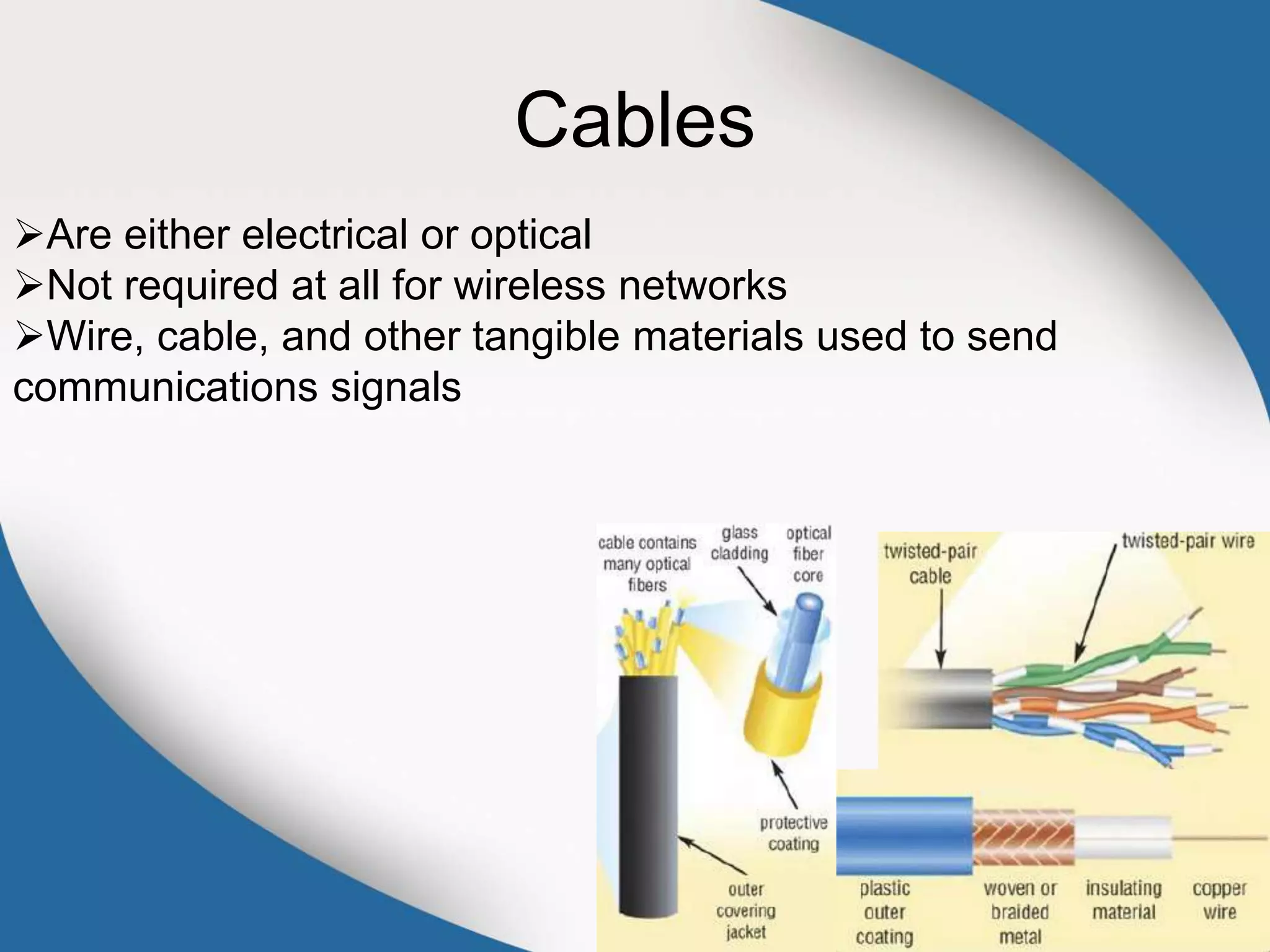 Cables
Are either electrical or optical
Not required at all for wireless networks
Wire, cable, and other tangible materials used to send
communications signals
 