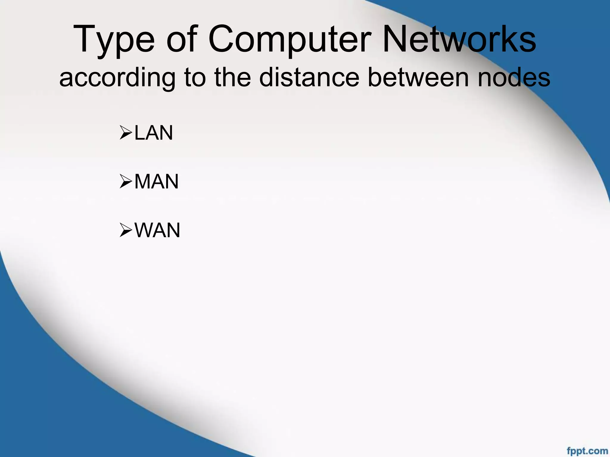 Type of Computer Networks
according to the distance between nodes
LAN
MAN
WAN
 