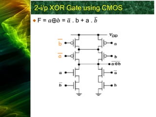2-i/p XOR Gate using CMOS
F = 𝑎⨁𝑏 = ത
𝑎 . b + a . ത
𝑏
 