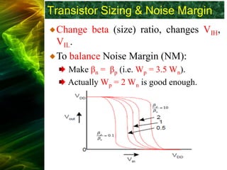 Transistor Sizing & Noise Margin
Change beta (size) ratio, changes VIH,
VIL.
To balance Noise Margin (NM):
Make βn = βp (i.e. Wp = 3.5 Wn).
Actually Wp = 2 Wn is good enough.
 