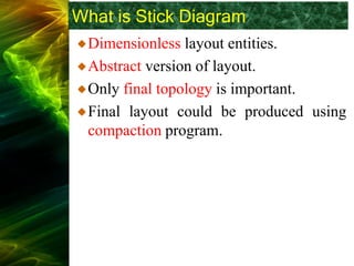 What is Stick Diagram
Dimensionless layout entities.
Abstract version of layout.
Only final topology is important.
Final layout could be produced using
compaction program.
 