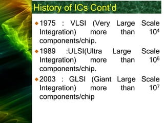 History of ICs Cont’d
1975 : VLSI (Very Large Scale
Integration) more than 104
components/chip.
1989 :ULSI(Ultra Large Scale
Integration) more than 106
components/chip.
2003 : GLSI (Giant Large Scale
Integration) more than 107
components/chip
 