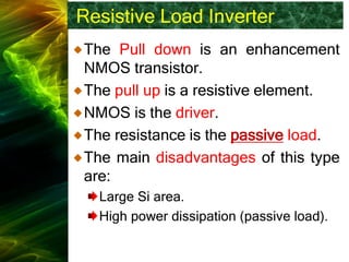 Resistive Load Inverter
The Pull down is an enhancement
NMOS transistor.
The pull up is a resistive element.
NMOS is the driver.
The resistance is the passive load.
The main disadvantages of this type
are:
Large Si area.
High power dissipation (passive load).
 