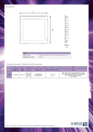 Dimensions:
Revision 1.0 / Data is correct at time of print, but is subject to change due to continual product improvement.
RA595
Size (L x W x H) 595.0mm x 595.0mm x 73.7mm (including standard driver) ± 2.0
Weight (Driver included) 2.9 Kg
O O OO O O OO
Power
Consumption
Input
Voltage
CCT(K) Installation Type Dimming Control & Sensor Options
RA595 A = 34W A=90~277V
30=3000
40=4000
50=5000
R= Recessed
S=Surface Mount
A= 1-10V
B=DALI
WA = 50cm cable c/w Wago Winsta 3P connector
WI = 50cm cable c/w Wieland GST-18i-3P connector
SH = 2m cable c/w schuko connector
UG=Low UGR
Ordering Information - RA595 IP43 LED Light Panel
L
W
H
 