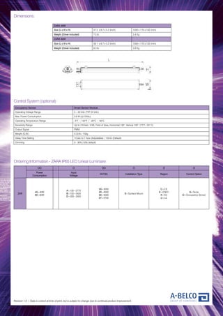 Dimensions:
Revision 1.0 / Data is correct at time of print, but is subject to change due to continual product improvement.
ZARA 40W
Size (L x W x H) 47.2 x 6.7 x 5.2 (inch) 1200 x 170 x 132 (mm)
Weight (Driver included) 7.5 lb 3.4 Kg
ZARA 60W
Size (L x W x H) 59.1 x 6.7 x 5.2 (inch) 1500 x 170 x 132 (mm)
Weight (Driver included) 8.3 lb 3.8 Kg
OO - O OO O O O
Power
Consumption
Input
Voltage
CCT(K) Installation Type Region Control Option
ZAR
40=40W
60=60W
A=100~277V
B=100~240V
D=200~240V
30=3000
40=4000
50=5000
57=5700
S=Surface Mount
C=CE
E=ENEC
K=KC
U=UL
N=None
O=Occupancy Sensor
Ordering Information - ZARA IP65 LED Linear Luminaire:
Control System (optional):
Occupancy Sensor Smart Sensor Module
Operating Voltage Range 5 – 50 Vdc (TYP. 24 Vdc)
Max. Power Consumption 0.6 W (@15Vdc)
Operating Temperature Range -4°F ~ 122°F / -20°C ~ 50°C
Sensitivity Range Up to (16 feet / 5 M), Field of View, Horizontal 100°, Vertical 100° (77°F / 25° C)
Output Signal PWM
Weight (G.W.) 0.33 lb / 150g
Delay Time Setting 15 sec to 1 hour (Adjustable) / 15min (Default)
Dimming 0 - 30% (10% default)
 