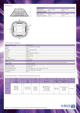 Dimensions:
Revision 1.3 / Data is correct at time of print, but is subject to change due to continual product improvement.
SEGA 80W / 100W
Size (L x W x H) Ø12.4 x 5.8 (inch) Ø315 x 147 (mm)
Weight (Driver included) 9.7 lb 4.4 Kg
SEGA 130W / 160W
Size (L x W x H) Ø16.5 x 7.1 (inch) Ø420 x 180 (mm)
Weight (Driver included) 13.2 lb 6.0 Kg
OOO - O OO OO O O OO
Power
Consumption
Input
Voltage
CCT(K) Beam Angle
Installation
Type
Dimming Control &
Sensor
Fixture Colour
SE
080=80W
100=100W
130=130W
160=160W
A=100~277V
B=100~240V
C=347~480V
40=4000
50=5000
57=5700
65=6500
08=80° (080, 100)
09=90° (130, 160)
10=100° (080)
11=110° (100)
13=130° ( 130, 160)
CN=Chain
PE=Pipe
A=Daylight Sensor
T=0-10V
Z=ZigBee
N=None
W1=White
Ordering Information - SEGA IP65 LED High-Bay Luminaire:
Control System (optional):
ZigBee (Mesh Networking) Wireless Control
Standard 2.4 GHz - IEEE 802.15.4 (Compatible)
Network Mesh
RF Tx Power Max. +8 dBm (Typ. 6 dBm)
Data Rate 250 kbps
Security 128 bit AES Encryption Algorithms
Dimmer PWM, 0 – 10 Vdc
Antenna Omni Type, 2 dBi
Input Voltage 15 Vdc
Max. Power Consumption 0.3 W (@15Vdc)
0-10V Wired Control
Factory Installed The maximum quantity at the time of group control is according to dimmer switch and actuator supply wattage
Daylight Sensor Smart Sensor Module
Operating Voltage Range 5 – 50 Vdc (TYP. 24 Vdc)
Max. Power Consumption 0.6 W (@15Vdc)
Detectable Illumination Range 9.2 – 92 fc (Default : 64 fc) / 100 – 1,000 lx (Default : 700 lx)
LED Light Bi-level Setting 0 % to 30 % (Adjustable) / 10% (Default)
Output Signal PWM
 