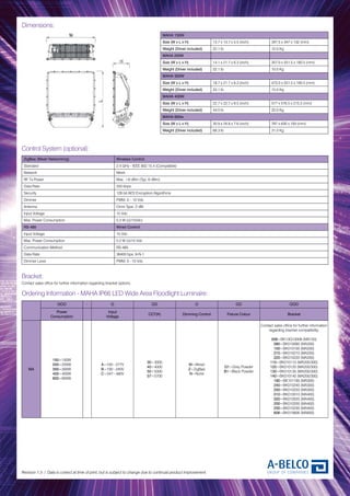 Dimensions:
Revision 1.3 / Data is correct at time of print, but is subject to change due to continual product improvement.
MAHA 150W
Size (W x L x H) 13.7 x 13.7 x 5.5 (inch) 347.5 x 347 x 132 (mm)
Weight (Driver included) 22.1 lb 10.0 Kg
MAHA 200W
Size (W x L x H) 14.1 x 21.7 x 6.3 (inch) 357.0 x 551.5 x 160.5 (mm)
Weight (Driver included) 22.1 lb 10.0 Kg
MAHA 300W
Size (W x L x H) 18.7 x 21.7 x 6.3 (inch) 475.0 x 551.5 x 160.5 (mm)
Weight (Driver included) 33.1 lb 15.0 Kg
MAHA 400W
Size (W x L x H) 22.7 x 22.7 x 8.5 (inch) 577 x 576.5 x 215.5 (mm)
Weight (Driver included) 44.0 lb 20.0 Kg
MAHA 600w
Size (W x L x H) 30.9 x 24.8 x 7.6 (inch) 787 x 630 x 193 (mm)
Weight (Driver included) 68.3 lb 31.0 Kg
Bracket:
OOO - O OO O OO OOO
Power
Consumption
Input
Voltage
CCT(K) Dimming Control Fixture Colour Bracket
MA
150=150W
200=200W
300=300W
400=400W
600=600W
A=100~277V
B=100~240V
C=347~480V
30=3000
40=4000
50=5000
57=5700
W=Wired
Z=ZigBee
N=None
G1=Grey Powder
B1=Black Powder
Contact sales office for further information
regarding bracket compatibility.
008=BK13G10008 (MA150)
090=BK010090 (MA200)
100=BK010100 (MA200)
210=BK010210 (MA200)
220=BK010220 (MA200)
110=BK010110 (MA200/300)
120=BK010120 (MA200/300)
130=BK010130 (MA200/300)
140=BK010140 (MA200/300)
190=BK101190 (MA300)
240=BK010240 (MA300)
250=BK010250 (MA300)
010=BK010010 (MA400)
020=BK010020 (MA400)
200=BK010200 (MA400)
230=BK010230 (MA400)
606=BK010606 (MA600)
Ordering Information - MAHA IP66 LED Wide Area Floodlight Luminaire:
Contact sales office for further information regarding bracket options.
Control System (optional):
ZigBee (Mesh Networking) Wireless Control
Standard 2.4 GHz - IEEE 802.15.4 (Compatible)
Network Mesh
RF Tx Power Max. +8 dBm (Typ. 6 dBm)
Data Rate 250 kbps
Security 128 bit AES Encryption Algorithms
Dimmer PWM, 0 – 10 Vdc
Antenna Omni Type, 2 dBi
Input Voltage 15 Vdc
Max. Power Consumption 0.3 W (@15Vdc)
RS-485 Wired Control
Input Voltage 15 Vdc
Max. Power Consumption 0.2 W (@15 Vdc
Communication Method RS-485
Data Rate 38400 bps, 8-N-1
Dimmer Level PWM, 0 - 10 Vdc
 