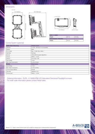 Dimensions:
Revision 1.0 / Data is correct at time of print, but is subject to change due to continual product improvement.
Control System (optional):
ZigBee (Mesh Networking) Wireless Control
Standard 2.4 GHz - IEEE 802.15.4 (Compatible)
Network Mesh
RF Tx Power Max. +8 dBm (Typ. 5 dBm)
Data Rate 250 kbps
Security 128 bit AES Encryption Algorithms
Dimmer PWM, 0 – 10 Vdc
Antenna Omni Type, 2 dBi
Input Voltage 15 Vdc
Max. Power Consumption 0.3 W (@15Vdc)
RS-485 Wired Control
Input Voltage 15 Vdc
Max. Power Consumption 0.2 W (@15Vdc)
Communication Method RS-485
Data Rate 38400bps, 8-N-1
Dimmer Level PWM, 0 – 10 Vdc
Ordering Information - SUFA - A 1000W IP66 LED Articulated Directional Floodlight luminaire:
For order code information please contact Hadar sales
SUFA - A 1000W
Weight 39.7 lb 18.0 Kg
Driver Encloure / Power Box
Weight 25.5 lb 25.0 Kg
 
