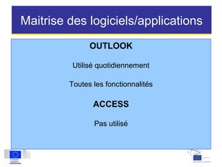 Maitrise des logiciels/applications
OUTLOOK
Utilisé quotidiennement
Toutes les fonctionnalités
ACCESS
Pas utilisé
 