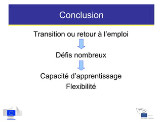 Conclusion
Transition ou retour à l’emploi
Défis nombreux
Capacité d’apprentissage
Flexibilité
 