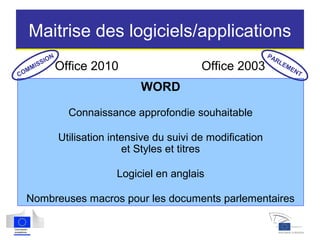 Office 2010 Office 2003
Maitrise des logiciels/applications
WORD
Connaissance approfondie souhaitable
Utilisation intensive du suivi de modification
et Styles et titres
Logiciel en anglais
Nombreuses macros pour les documents parlementaires
COMMISSION PARLEMENT
 
