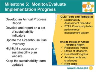 Milestone 5: Monitor/Evaluate
Implementation Progress
                               ICLEI Tools and Templates
Develop an Annual Progress      • Sustainability
    Report                        Assessment Checklist
                                • STAR Community Index
Develop and report on a set       performance
    of sustainability             management system
    indicators
Update the Greenhouse Gas      What to Include in Annual
    Inventory                      Progress Report
Highlight successes on           Responsible Parties
                                 Status of Measures
    sustainability plan
                                 Quantified Progress
    website                      Achievements and
Keep the sustainability team      challenges
    updated                      Next steps
 