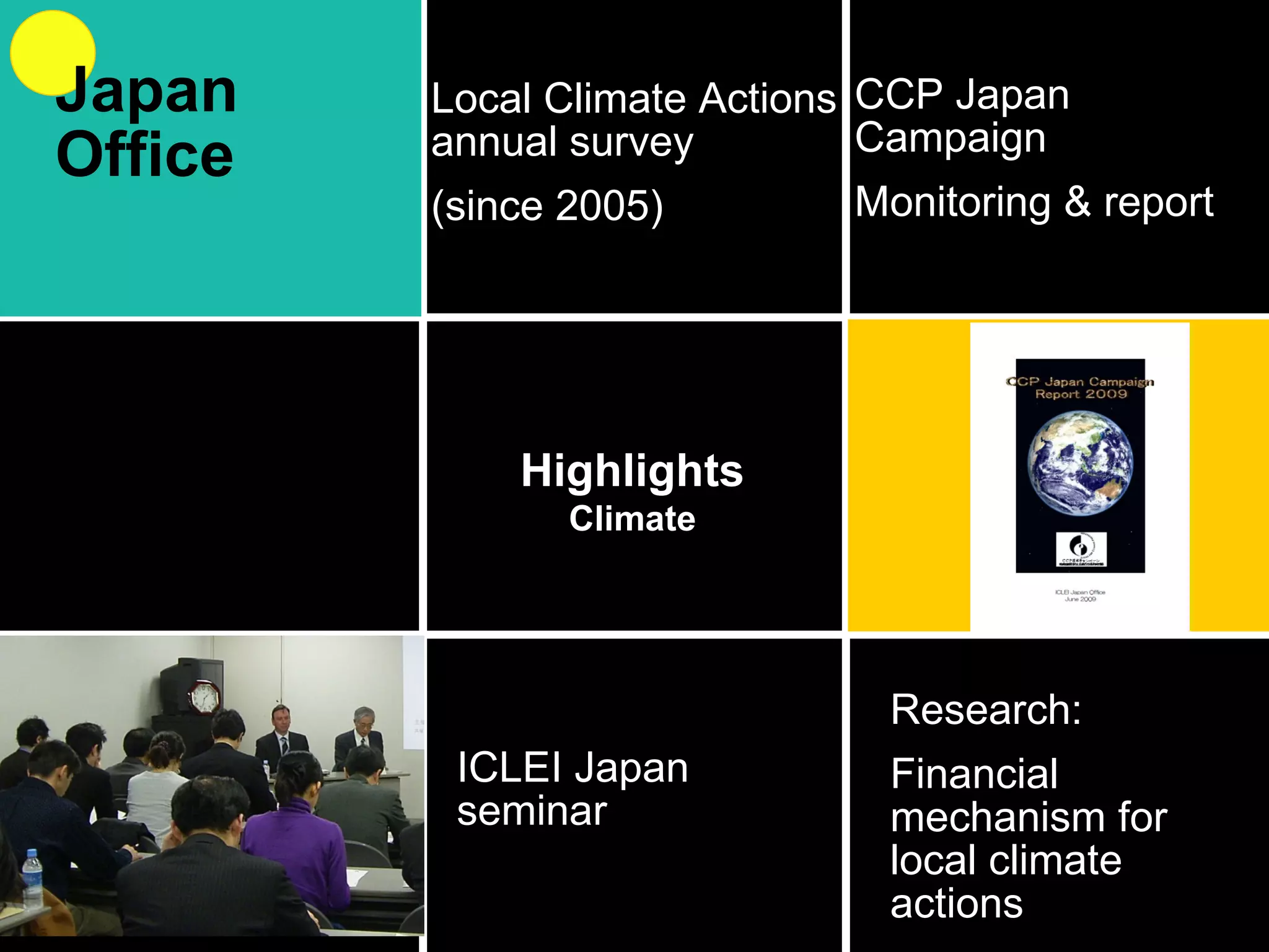 ICLEI Japan seminar Highlights Climate Local Climate Actions annual survey (since 2005) CCP Japan  Campaign Monitoring & report Research: Financial mechanism for local climate actions Japan Office 