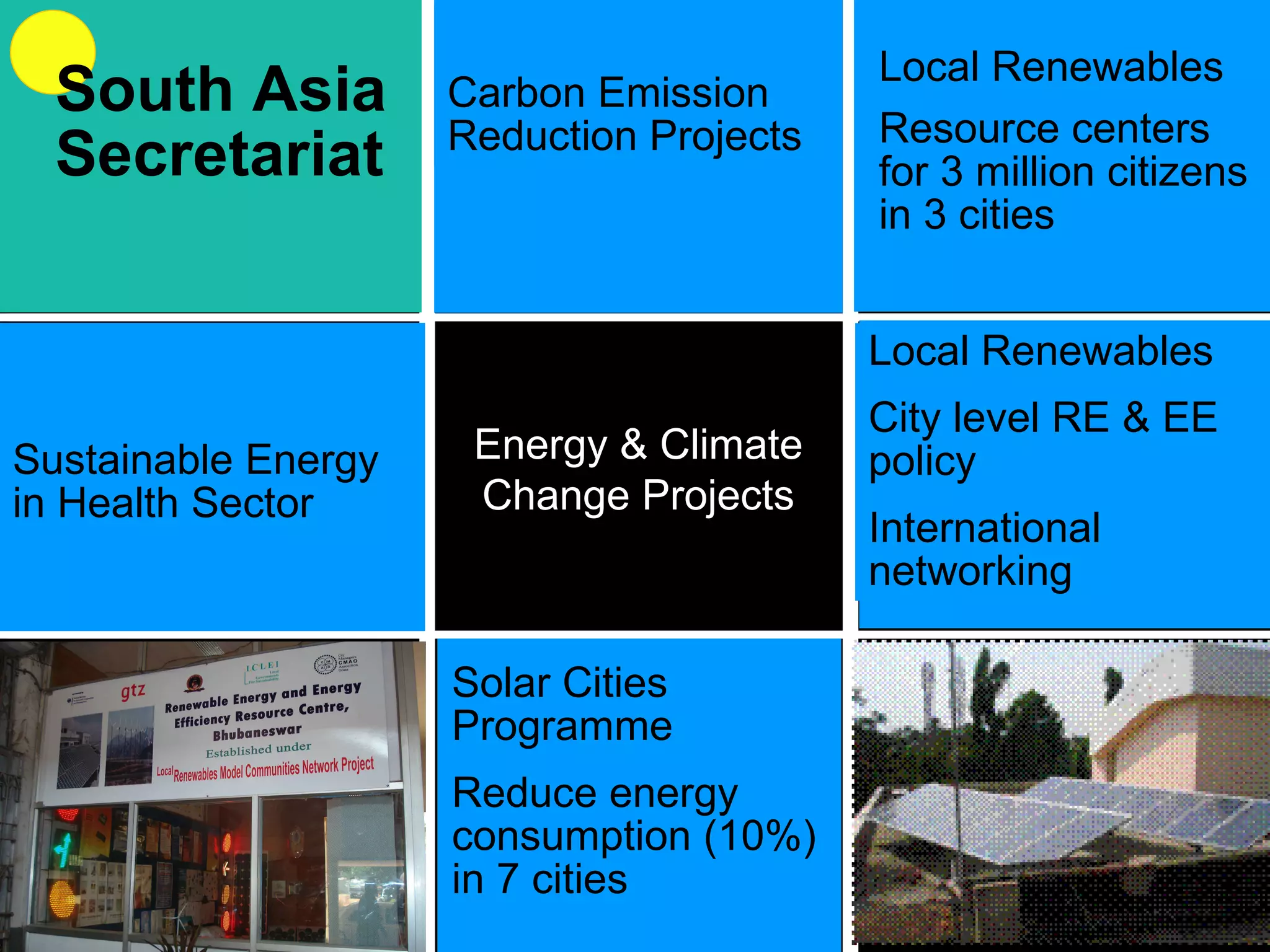 Major Projects on Energy Local Renewables City level RE & EE policy International networking Solar Cities Programme Reduce energy consumption (10%) in 7 cities Energy & Climate Change Projects Local Renewables Resource centers  for 3 million citizens in 3 cities Sustainable Energy in Health Sector Carbon Emission Reduction Projects South Asia Secretariat 