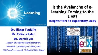 Is the Avalanche of e-
learning Coming to the
UAE?
Insights from an exploratory study
Dr. Elissar Toufaily
Dr. Tatiana Zalan
Dr. Dennis Lee
School of Business Administration,
American University in Dubai, UAE
ICLIE conference, 20-22 April, 2016, Dubai
 