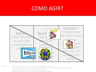 COMO AGIR?


                                                                                        Aumentar o
              Reduzir a                            Restringir ou                       conhecimento
           disponibilização                         controlar o                       dos jovens sobre
             de conteúdo                            acesso dos                             riscos e
           inadequado na                             jovens aos                       segurança, bem
               Internet                              conteúdos                         como garantir
                                                   inadequados                         autonomia em
                                                   e/ou nocivos                         situações de
                                                                                            perigo

Imagens:   http://tecnologiadenegocios.files.wordpress.com/2010/05/brazaobrasil.jpg
           www.clubedorh.com.br/wp-content/uploads/2010/08/G-Transferencia-e-preco-das-hospedagens-web.jpg
           http://papisabelbarbosa05.no.sapo.pt/images/Escolas2.gif
           www.focomagazine.com.br/wp-content/uploads/2010/08/familia1.jpg
 