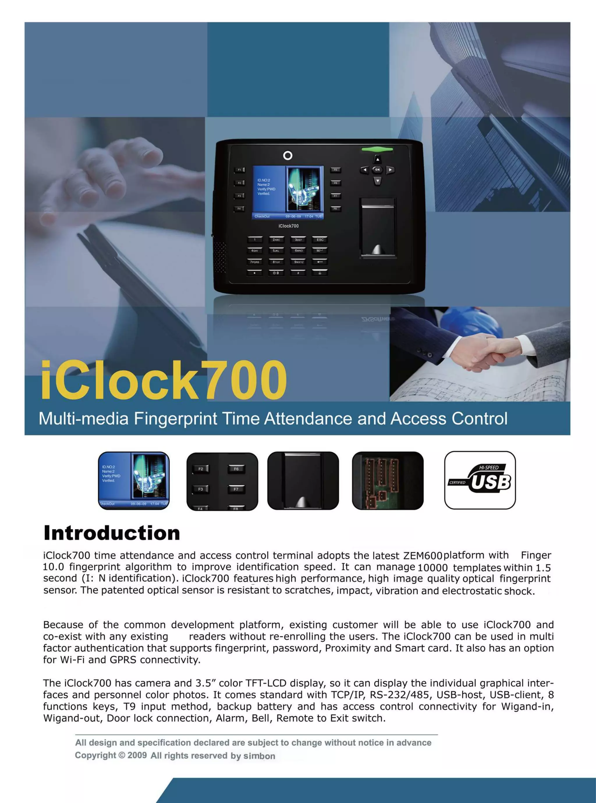 Iclock700 fingerprint time attendance
