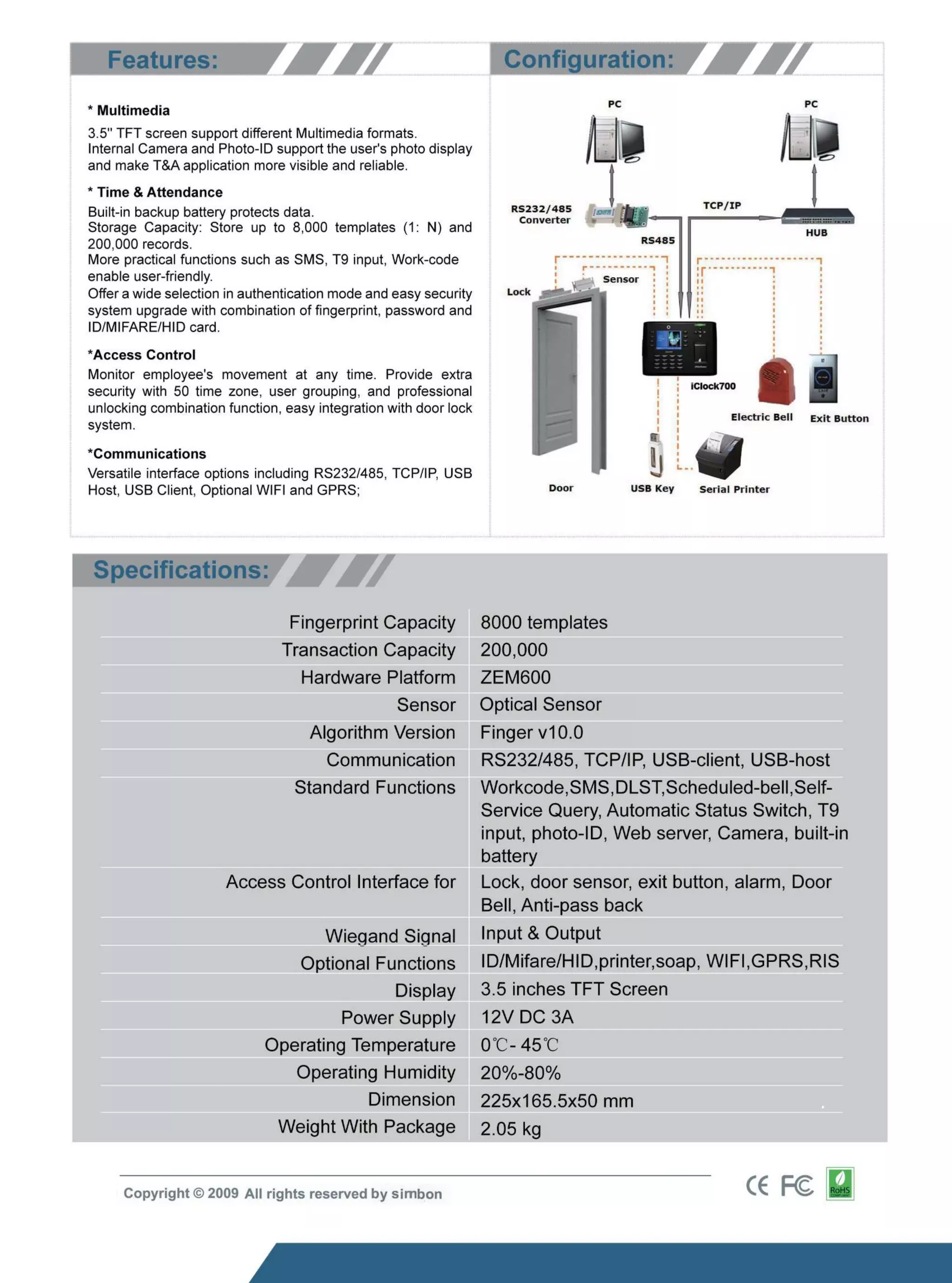 Iclock700 fingerprint time attendance