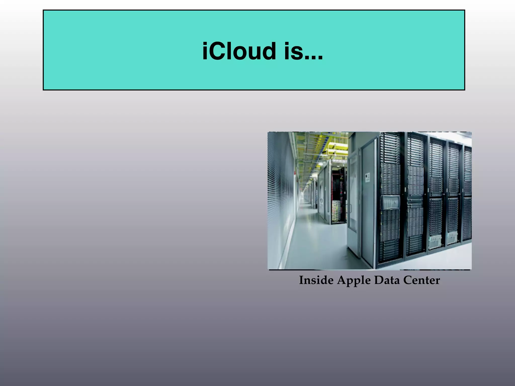 iCloud is...




         Inside Apple Data Center
 