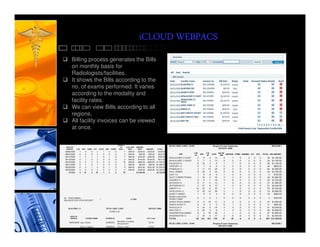iCLOUD WEBPACS
Billing process generates the Bills
on monthly basis for
Radiologists/facilities.
It shows the Bills according to the
no. of exams performed. It varies
according to the modality and
facility rates.
We can view Bills according to all
regions.
All facility invoices can be viewed
at once.
 