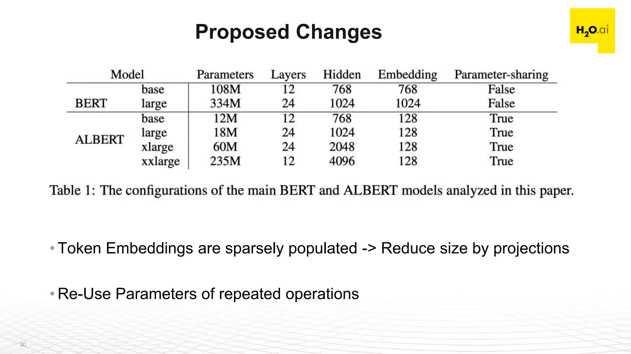30
• Token Embeddings are sparsely populated -> Reduce size by projections
• Re-Use Parameters of repeated operations
Proposed Changes
 