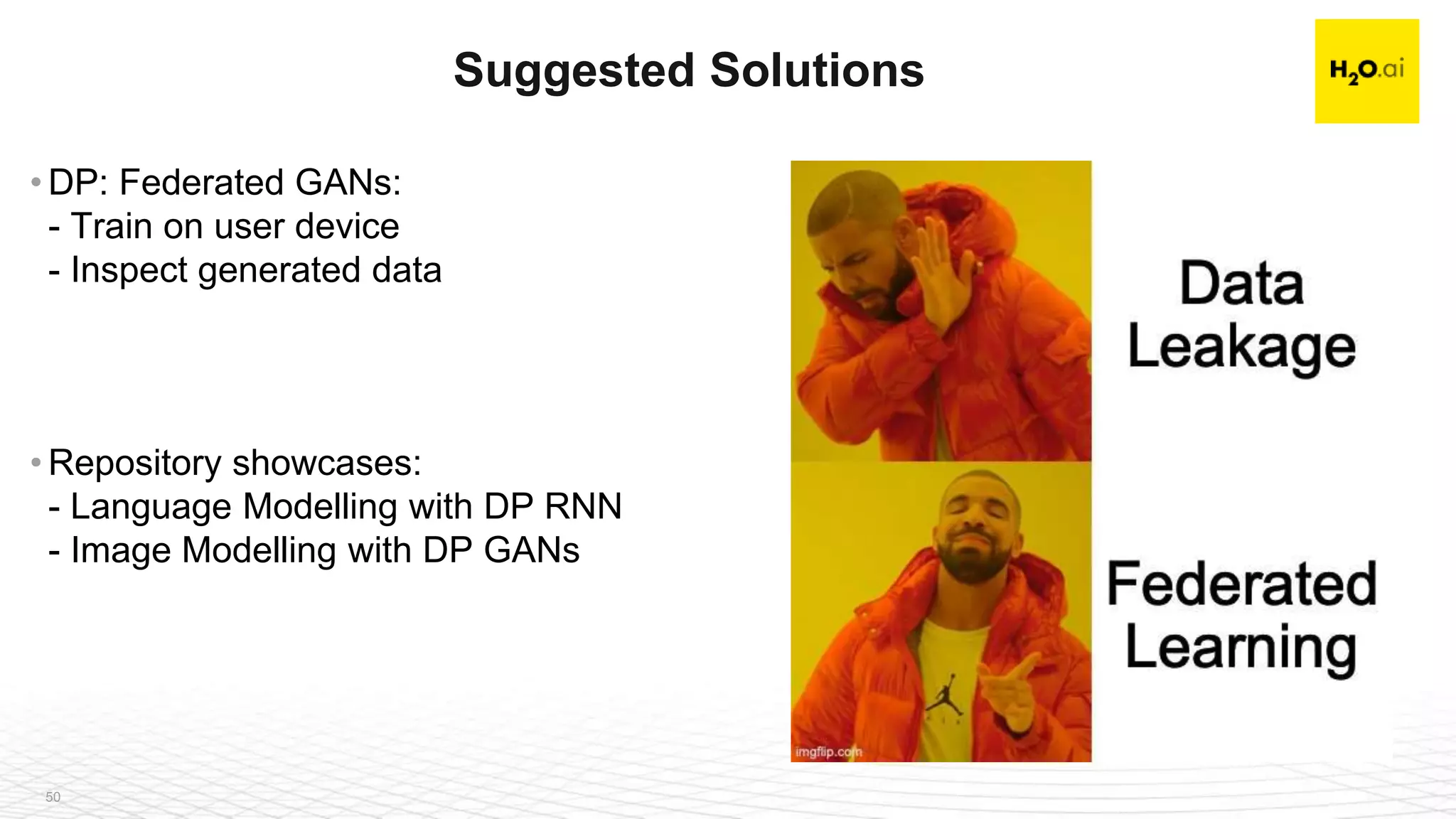 50
• DP: Federated GANs:
- Train on user device
- Inspect generated data
• Repository showcases:
- Language Modelling with DP RNN
- Image Modelling with DP GANs
Suggested Solutions
 
