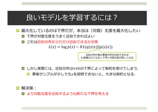 良いモデルを学習するには？
¤ 最⼤化しているのは下界だが，本当は（対数）尤度を最⼤化したい
¤ 下界が対数尤度をうまく近似できればよい
¤ これは近似分布がどれだけ近似できるか次第
𝐿 𝑥 = log	𝑝 𝑥 − 𝐾𝐿(𝑞(𝑧|𝑥)||𝑝(𝑧|𝑥))
¤ しかし実際には，近似分布はVAEの下界によって制約を受けてしまう．
¤ 事後サンプルが少しでも𝑥を説明できないと，⼤きな制約となる．
¤ 解決策：
¤ より対数尤度を近似するような新たな下界を考える
近似分布が真の事後分布を近似できれば
KL距離は０になる＝下界と対数尤度が等しくなる
 