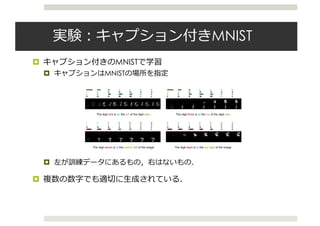 実験：キャプション付きMNIST
¤ キャプション付きのMNISTで学習
¤ キャプションはMNISTの場所を指定
¤ 左が訓練データにあるもの，右はないもの．
¤ 複数の数字でも適切に⽣成されている．
Published as a conference paper at ICLR 2016
Figure 6: Examples of generating 60 ⇥ 60 MNIST images corresponding to respective captions. The captions
on the left column were part of the training set. The digits described in the captions on the right column were
hidden during training for the respective conﬁgurations.
APPENDIX A: MNIST WITH CAPTIONS
As an additional experiment, we trained our model on the MNIST dataset with artiﬁcial captions.
Either one or two digits from the MNIST training dataset were placed on a 60 ⇥ 60 blank image.
One digit was placed in one of the four (top-left, top-right, bottom-left or bottom-right) corners
of the image. Two digits were either placed horizontally or vertically in non-overlapping fashion.
The corresponding artiﬁcial captions speciﬁed the identity of each digit along with their relative
positions, e.g. “The digit three is at the top of the digit one”, or “The digit seven is at the bottom left
of the image”.
The generated images together with the attention alignments are displayed in Figure 6. The model
 