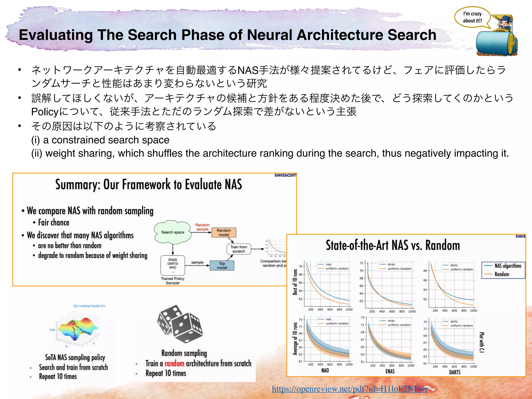Evaluating The Search Phase of Neural Architecture Search
• NAS
•
Policy
•
(i) a constrained search space
(ii) weight sharing, which shuffles the architecture ranking during the search, thus negatively impacting it.
https://openreview.net/pdf?id=H1loF2NFwr