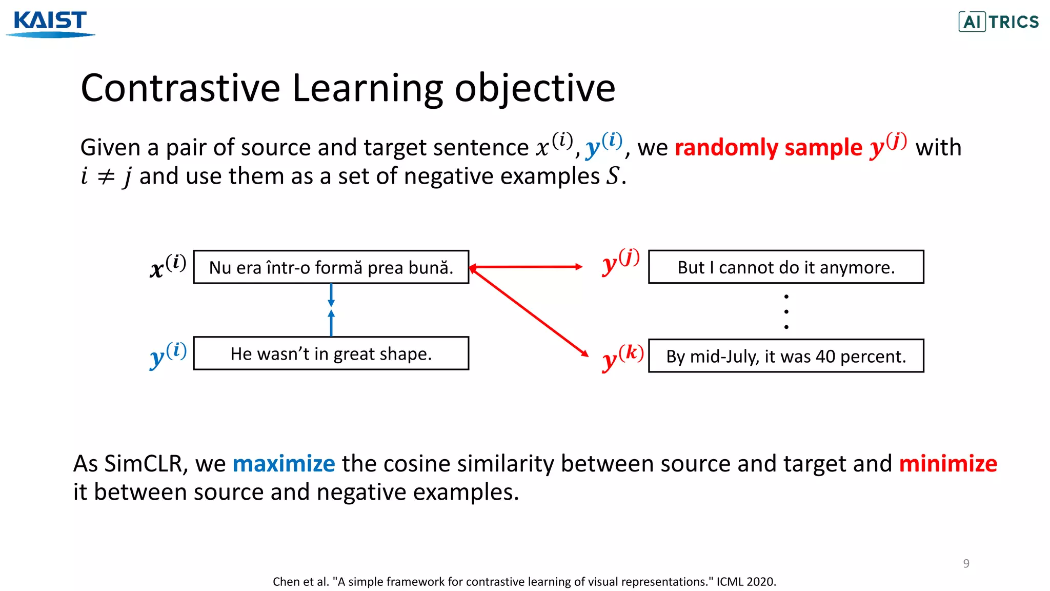 Contrastive Learning objective
9
Given a pair of source and target sentence 𝑥("), 𝒚(𝒊), we randomly sample 𝒚(𝒋) with
𝑖 ≠ 𝑗 and use them as a set of negative examples 𝑆.
As SimCLR, we maximize the cosine similarity between source and target and minimize
it between source and negative examples.
Nu era într-o formă prea bună.
𝒙(𝒊)
He wasn’t in great shape.
𝒚(𝒊)
But I cannot do it anymore.
By mid-July, it was 40 percent.
𝒚(𝒋)
𝒚(𝒌)
Chen et al. "A simple framework for contrastive learning of visual representations." ICML 2020.
 